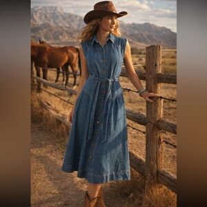 Denim Button Front Midi Shirt Dress Tie Waist Sleeveless Western Casual size 8